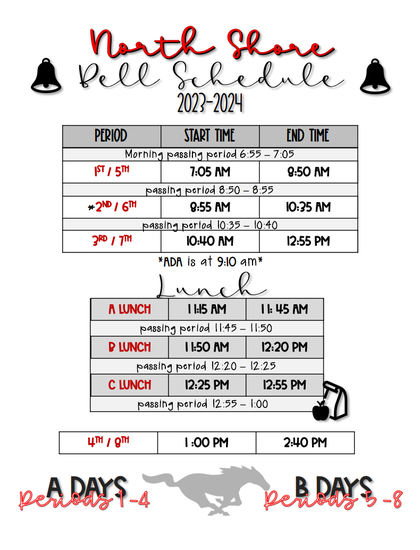 North Shore Bell and Lunch Schedule